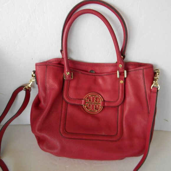 Tory Burch Amanda DARK PINK BURGUNDY PEBBLE LEATHER SATCHEL CROSSBODY SHOULDER